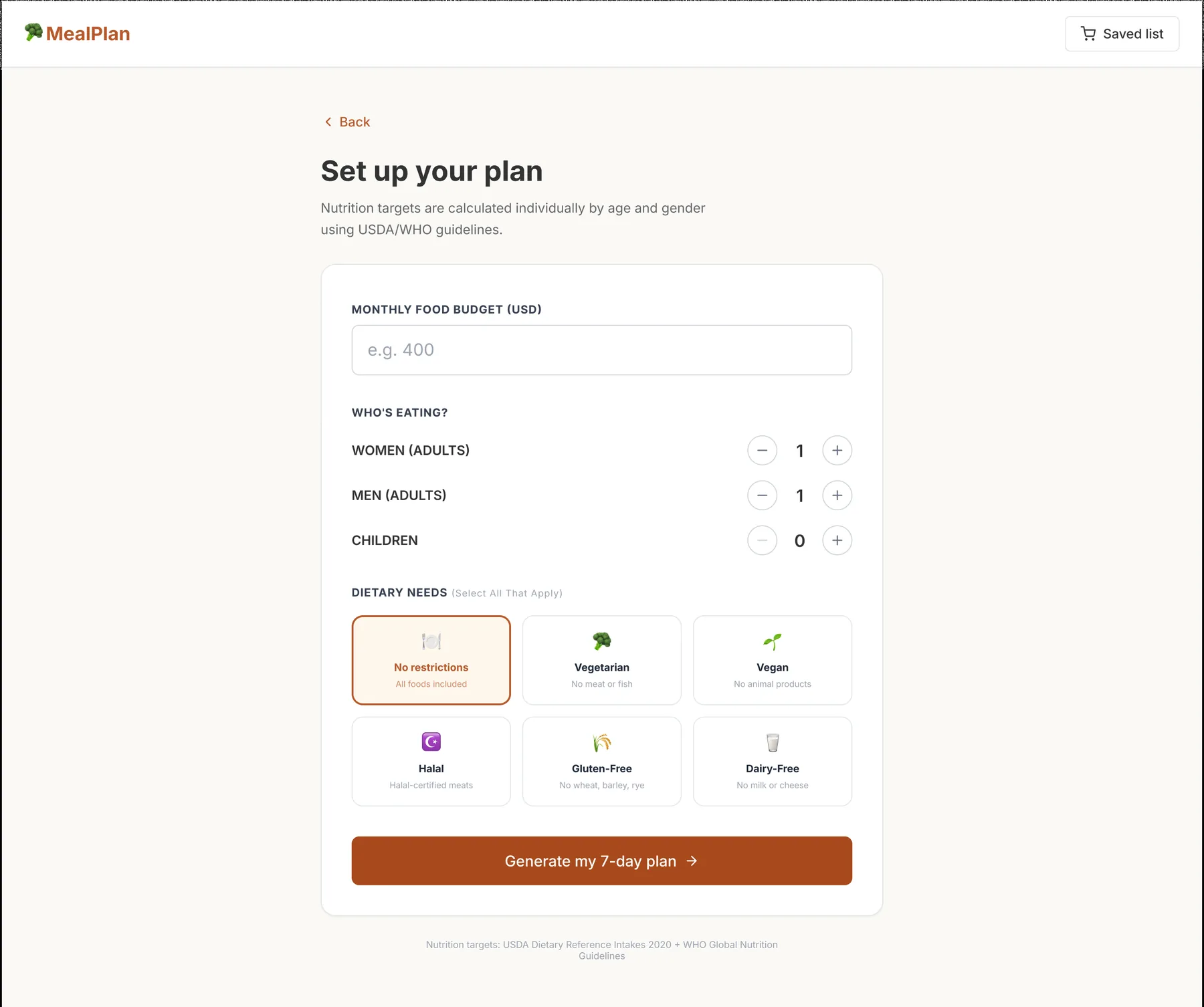 Set up your plan screen, budget, household counts, and six dietary filters