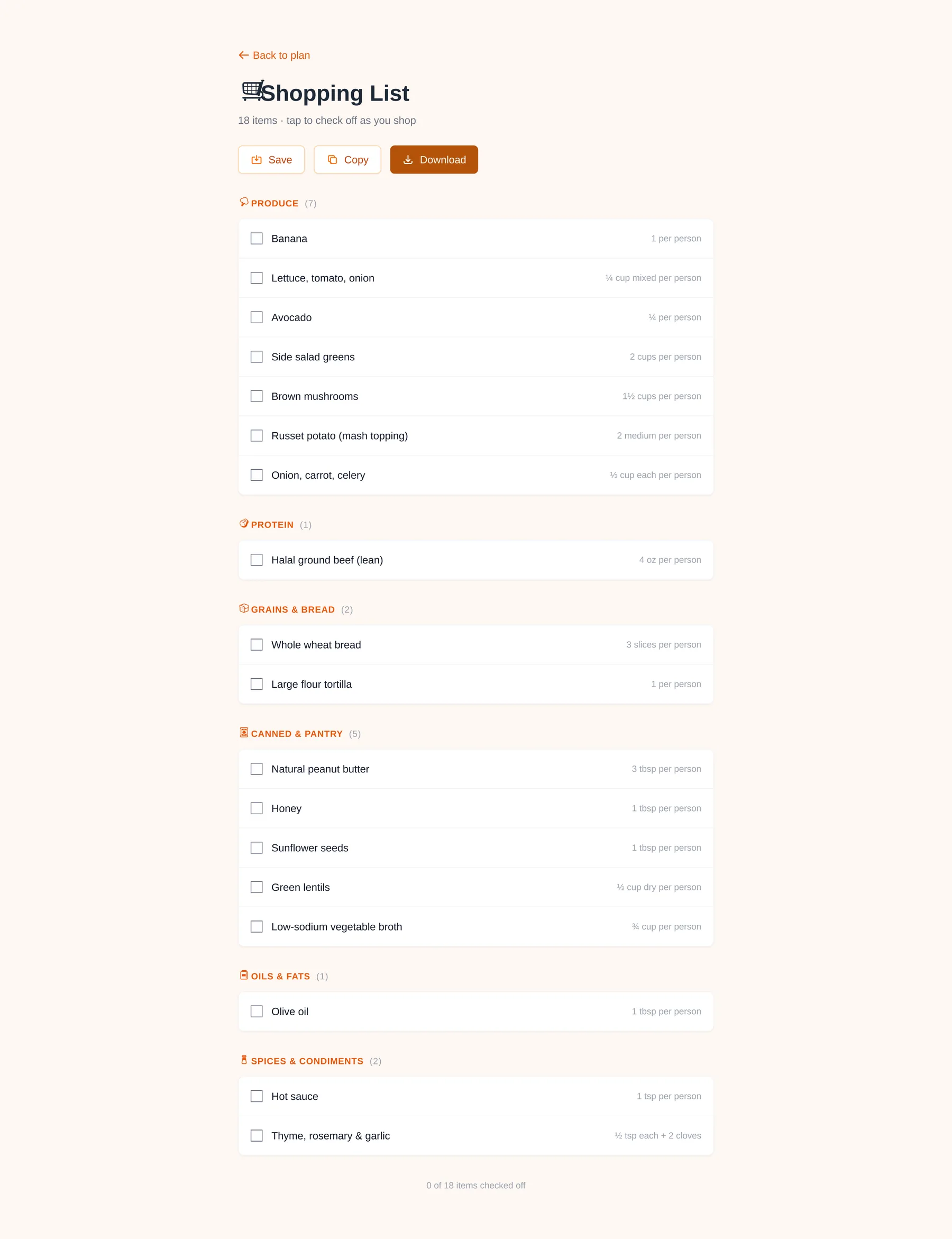 Shopping list grouped by aisle with per-person quantities and tap-to-check-off